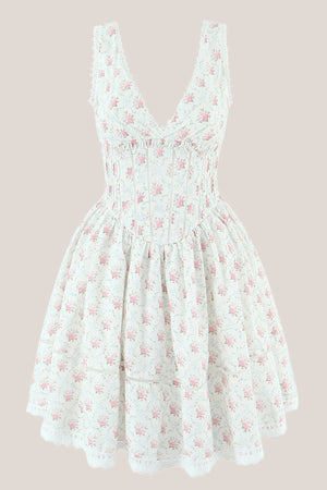 V-Neck Vintage Rose Printed Cotton Mini Dress in Ivory– SHE IS ME Dresses