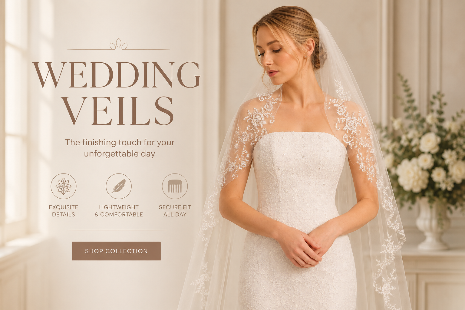 Woman wearing a wedding veil with text about wedding veils on a light background