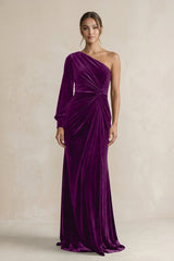 Velvet One Shoulder Sheath Long Sleeve Bridesmaid Dress in Amethyst - KISS BRIDAL Bridesmaid Dresses