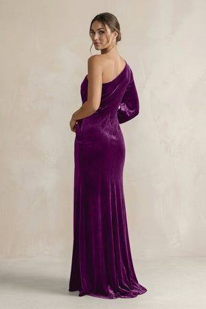 Velvet One Shoulder Sheath Long Sleeve Bridesmaid Dress in Amethyst - KISS BRIDAL Bridesmaid Dresses