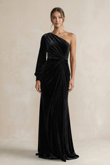 Velvet One Shoulder Sheath Long Sleeve Bridesmaid Dress in Black - KISS BRIDAL Bridesmaid Dresses