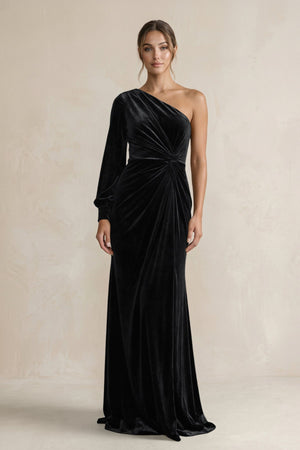 Velvet One Shoulder Sheath Long Sleeve Bridesmaid Dress in Black - KISS BRIDAL Bridesmaid Dresses