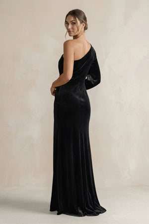 Velvet One Shoulder Sheath Long Sleeve Bridesmaid Dress in Black - KISS BRIDAL Bridesmaid Dresses