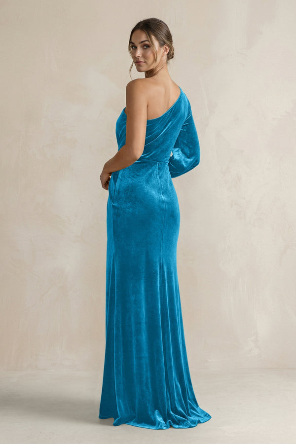 Velvet One Shoulder Sheath Long Sleeve Bridesmaid Dress in Blue Jay - KISS BRIDAL Bridesmaid Dresses