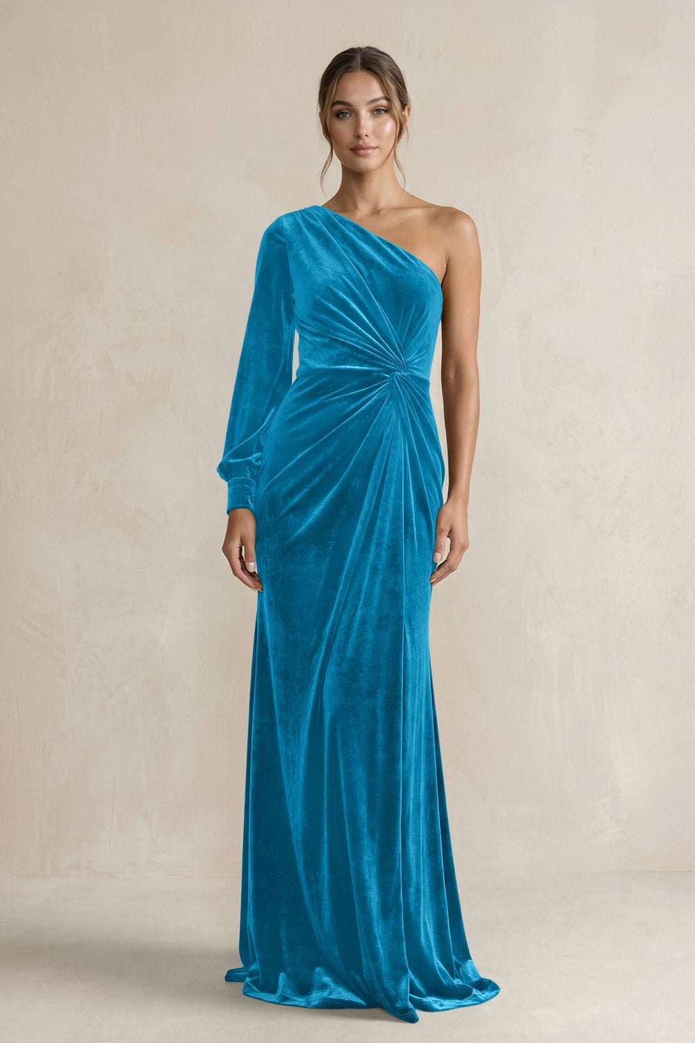 Velvet One Shoulder Sheath Long Sleeve Bridesmaid Dress in Blue Jay - KISS BRIDAL Bridesmaid Dresses