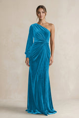 Velvet One Shoulder Sheath Long Sleeve Bridesmaid Dress in Blue Jay - KISS BRIDAL Bridesmaid Dresses
