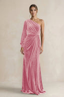 Velvet One Shoulder Sheath Long Sleeve Bridesmaid Dress in Blush Pink - KISS BRIDAL Bridesmaid Dresses