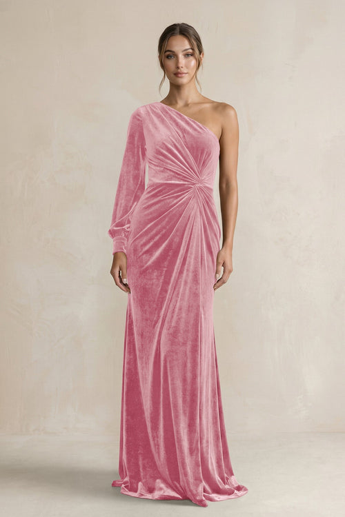Velvet One Shoulder Sheath Long Sleeve Bridesmaid Dress in Blush Pink - KISS BRIDAL Bridesmaid Dresses