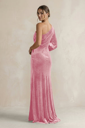 Velvet One Shoulder Sheath Long Sleeve Bridesmaid Dress in Blush Pink - KISS BRIDAL Bridesmaid Dresses