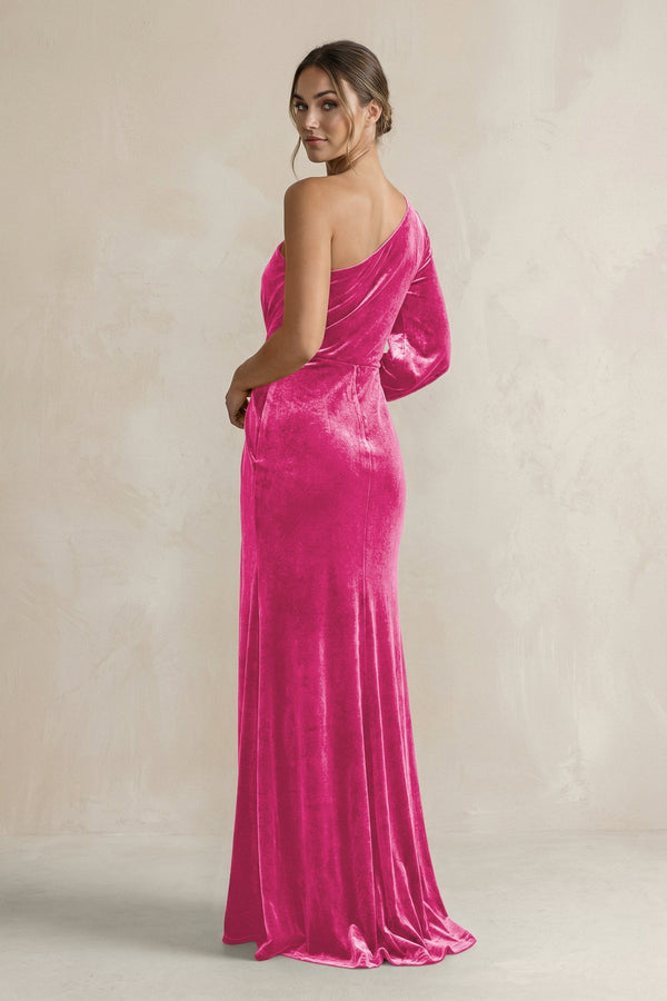 Velvet One Shoulder Sheath Long Sleeve Bridesmaid Dress in Bon Bon Pink - KISS BRIDAL Bridesmaid Dresses