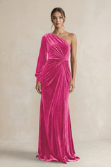 Velvet One Shoulder Sheath Long Sleeve Bridesmaid Dress in Bon Bon Pink - KISS BRIDAL Bridesmaid Dresses