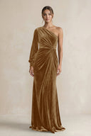 Velvet One Shoulder Sheath Long Sleeve Bridesmaid Dress in Bronzer - KISS BRIDAL Bridesmaid Dresses