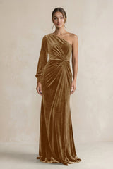 Velvet One Shoulder Sheath Long Sleeve Bridesmaid Dress in Bronzer - KISS BRIDAL Bridesmaid Dresses