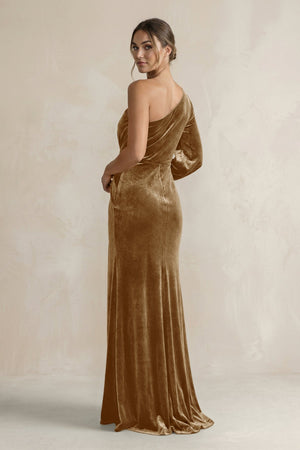 Velvet One Shoulder Sheath Long Sleeve Bridesmaid Dress in Bronzer - KISS BRIDAL Bridesmaid Dresses