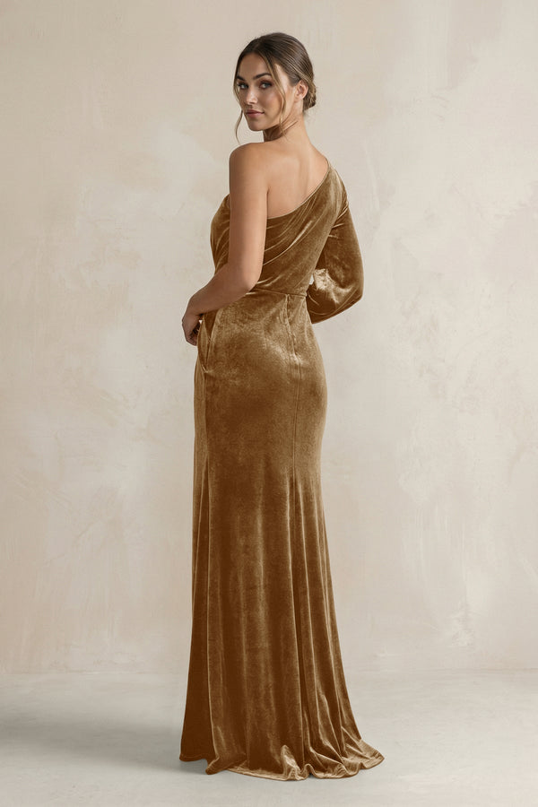 Velvet One Shoulder Sheath Long Sleeve Bridesmaid Dress in Bronzer - KISS BRIDAL Bridesmaid Dresses