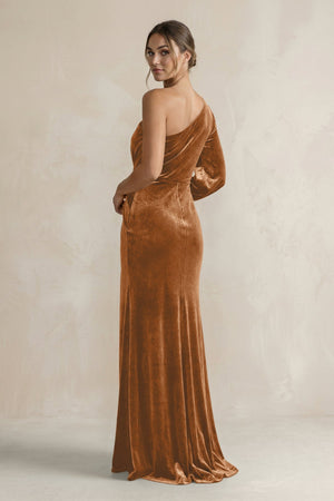 Velvet One Shoulder Sheath Long Sleeve Bridesmaid Dress in Brown - KISS BRIDAL Bridesmaid Dresses