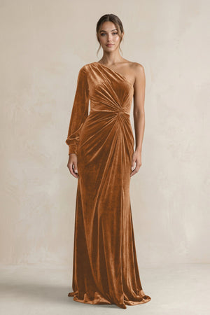 Velvet One Shoulder Sheath Long Sleeve Bridesmaid Dress in Brown - KISS BRIDAL Bridesmaid Dresses