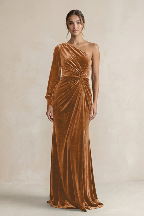 Velvet One Shoulder Sheath Long Sleeve Bridesmaid Dress in Brown - KISS BRIDAL Bridesmaid Dresses