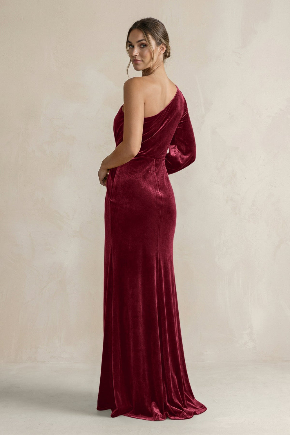 Velvet One Shoulder Sheath Long Sleeve Bridesmaid Dress in Burgundy - KISS BRIDAL Bridesmaid Dresses