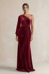 Velvet One Shoulder Sheath Long Sleeve Bridesmaid Dress in Burgundy - KISS BRIDAL Bridesmaid Dresses