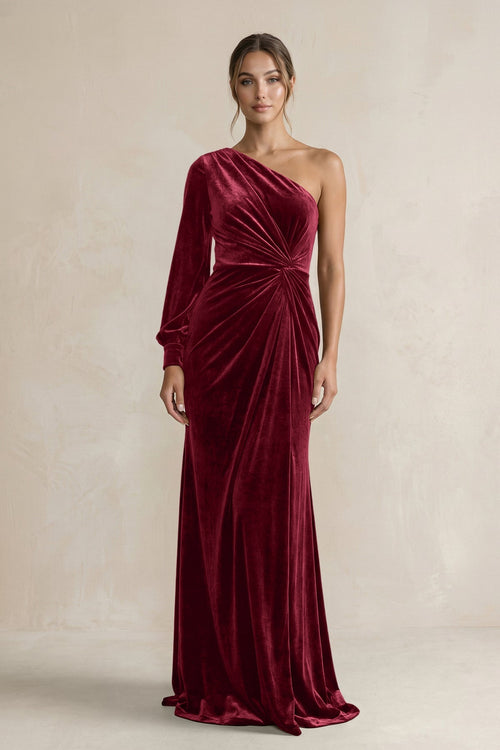 Velvet One Shoulder Sheath Long Sleeve Bridesmaid Dress in Burgundy - KISS BRIDAL Bridesmaid Dresses