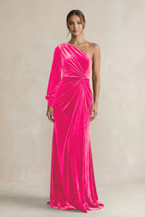 Velvet One Shoulder Sheath Long Sleeve Bridesmaid Dress in Candy Pink - KISS BRIDAL Bridesmaid Dresses