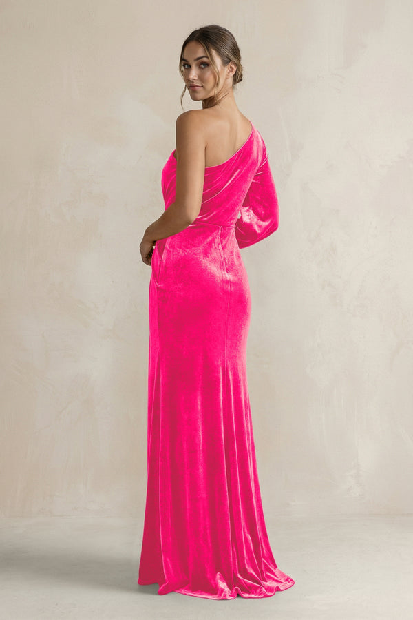 Velvet One Shoulder Sheath Long Sleeve Bridesmaid Dress in Candy Pink - KISS BRIDAL Bridesmaid Dresses