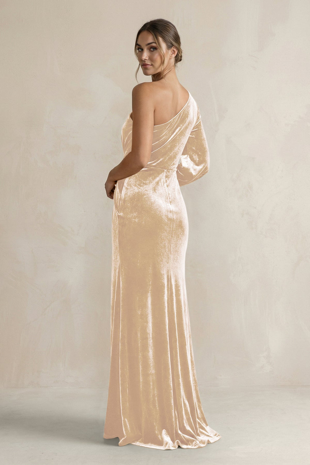 Velvet One Shoulder Sheath Long Sleeve Bridesmaid Dress in Champagne - KISS BRIDAL Bridesmaid Dresses