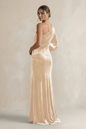 Velvet One Shoulder Sheath Long Sleeve Bridesmaid Dress in Champagne - KISS BRIDAL Bridesmaid Dresses