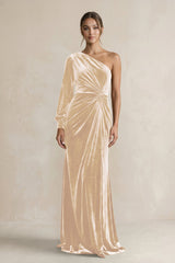 Velvet One Shoulder Sheath Long Sleeve Bridesmaid Dress in Champagne - KISS BRIDAL Bridesmaid Dresses