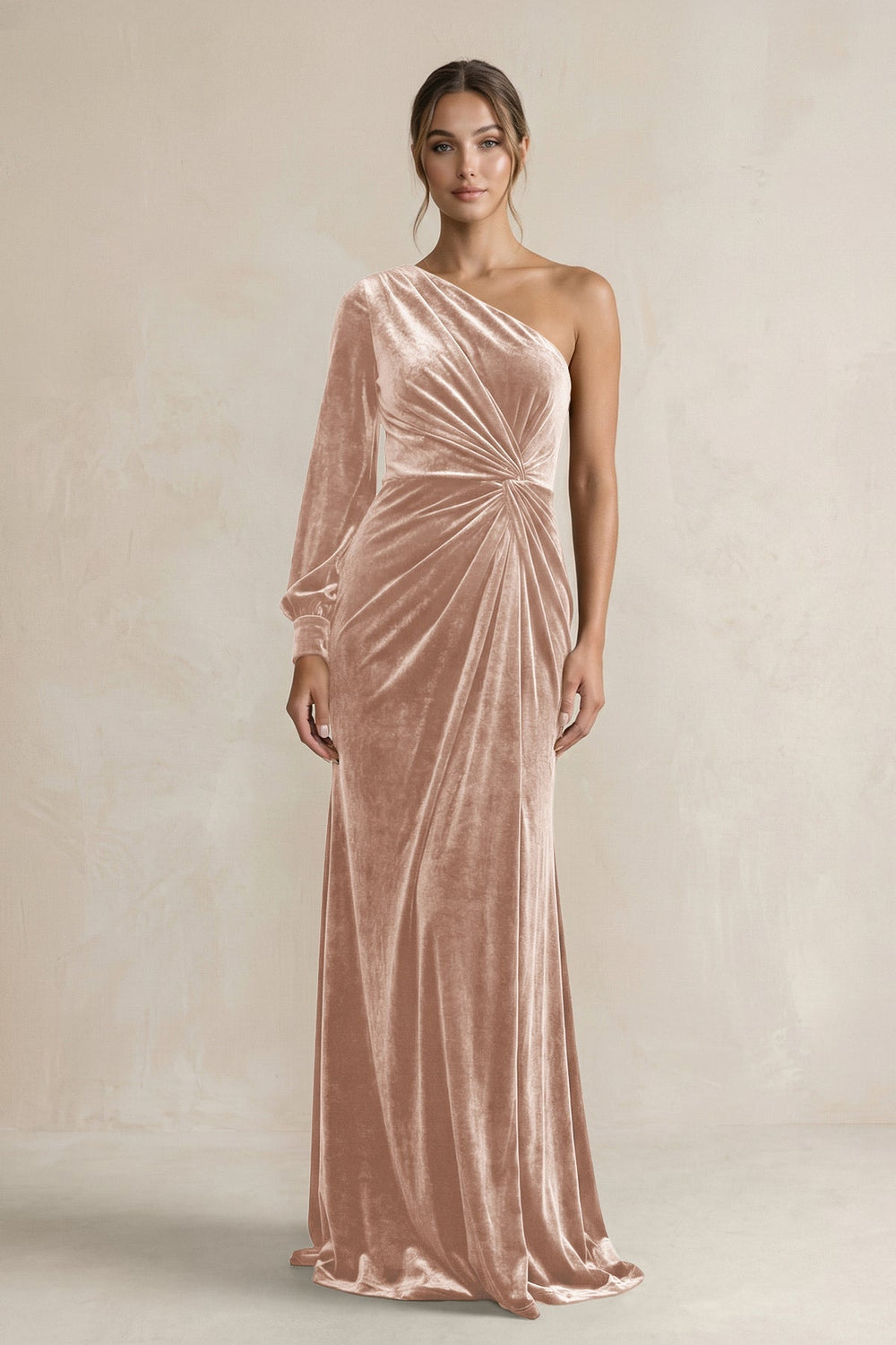 Velvet One Shoulder Sheath Long Sleeve Bridesmaid Dress in Champagne Rose - KISS BRIDAL Bridesmaid Dresses