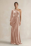 Velvet One Shoulder Sheath Long Sleeve Bridesmaid Dress in Champagne Rose - KISS BRIDAL Bridesmaid Dresses