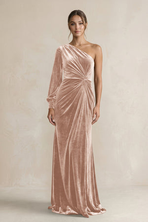Velvet One Shoulder Sheath Long Sleeve Bridesmaid Dress in Champagne Rose - KISS BRIDAL Bridesmaid Dresses