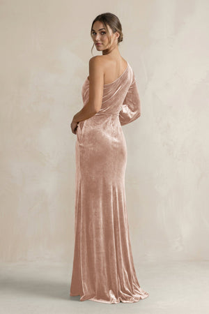 Velvet One Shoulder Sheath Long Sleeve Bridesmaid Dress in Champagne Rose - KISS BRIDAL Bridesmaid Dresses