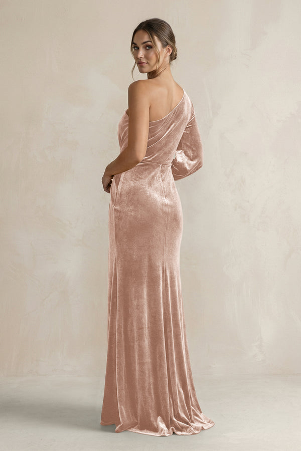 Velvet One Shoulder Sheath Long Sleeve Bridesmaid Dress in Champagne Rose - KISS BRIDAL Bridesmaid Dresses