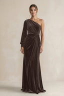 Velvet One Shoulder Sheath Long Sleeve Bridesmaid Dress in Chocolate - KISS BRIDAL Bridesmaid Dresses