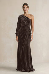 Velvet One Shoulder Sheath Long Sleeve Bridesmaid Dress in Chocolate - KISS BRIDAL Bridesmaid Dresses