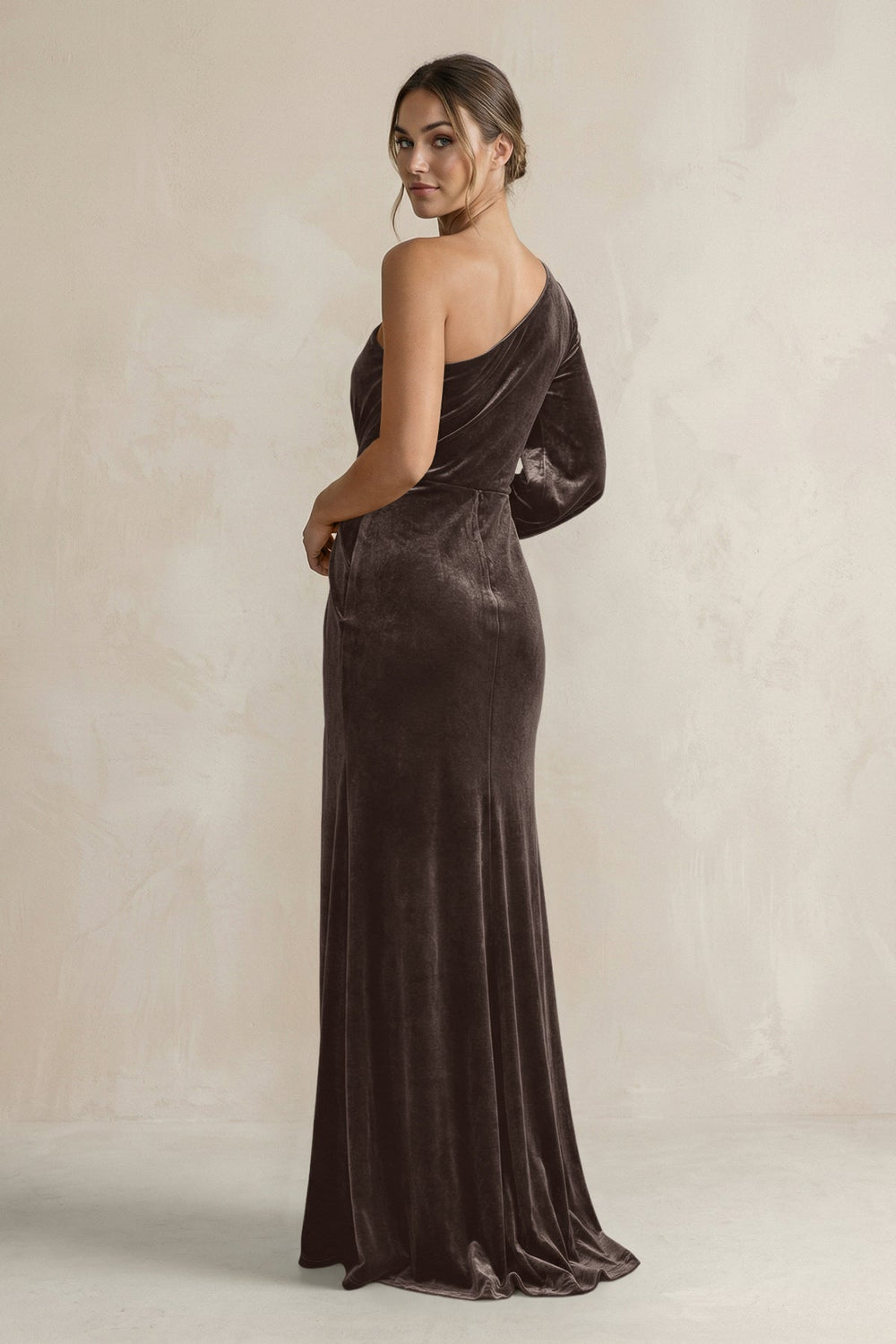 Velvet One Shoulder Sheath Long Sleeve Bridesmaid Dress in Chocolate - KISS BRIDAL Bridesmaid Dresses