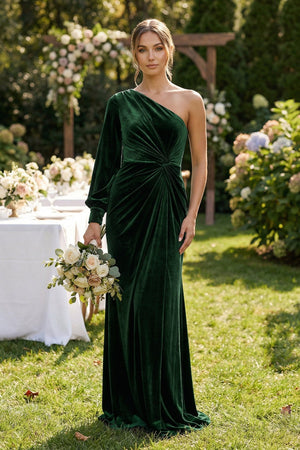 Velvet One Shoulder Sheath Long Sleeve Bridesmaid Dress in Dark Green - SHE IS ME Bridesmaid Dresses