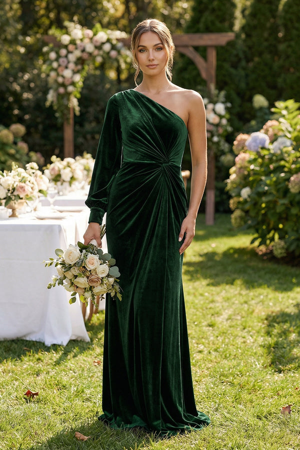 Velvet One Shoulder Sheath Long Sleeve Bridesmaid Dress in Dark Green - SHE IS ME Bridesmaid Dresses