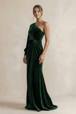 Velvet One Shoulder Sheath Long Sleeve Bridesmaid Dress in Dark Green - SHE IS ME Bridesmaid Dresses