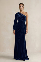 Velvet One Shoulder Sheath Long Sleeve Bridesmaid Dress in Dark Navy - KISS BRIDAL Bridesmaid Dresses