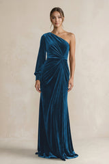 Velvet One Shoulder Sheath Long Sleeve Bridesmaid Dress in Dark Teal - KISS BRIDAL Bridesmaid Dresses
