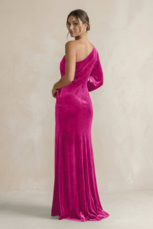 Velvet One Shoulder Sheath Long Sleeve Bridesmaid Dress in Desert Rose - KISS BRIDAL Bridesmaid Dresses