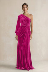 Velvet One Shoulder Sheath Long Sleeve Bridesmaid Dress in Desert Rose - KISS BRIDAL Bridesmaid Dresses