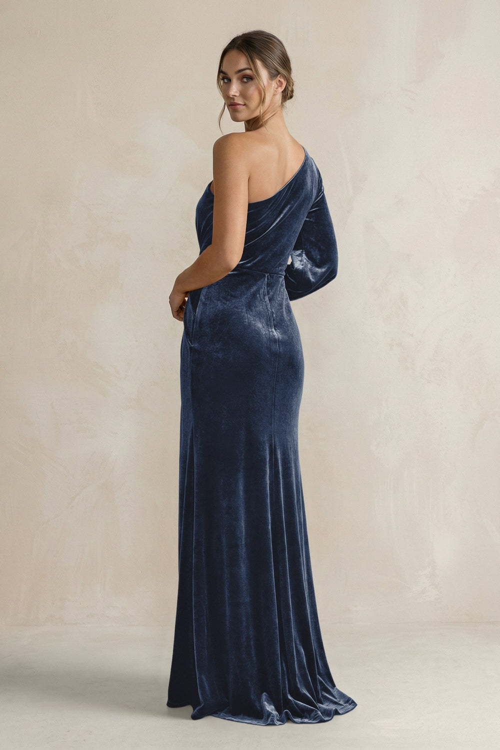 Velvet One Shoulder Sheath Long Sleeve Bridesmaid Dress in Dusk Blue - KISS BRIDAL Bridesmaid Dresses