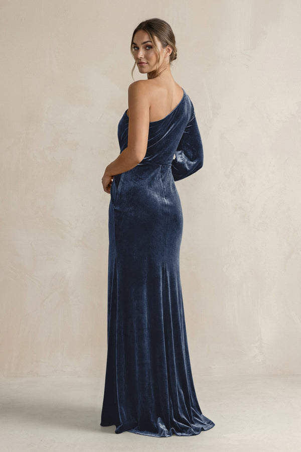Velvet One Shoulder Sheath Long Sleeve Bridesmaid Dress in Dusk Blue - KISS BRIDAL Bridesmaid Dresses