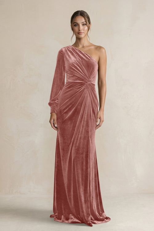Velvet One Shoulder Sheath Long Sleeve Bridesmaid Dress in Dusty Rose - KISS BRIDAL Bridesmaid Dresses