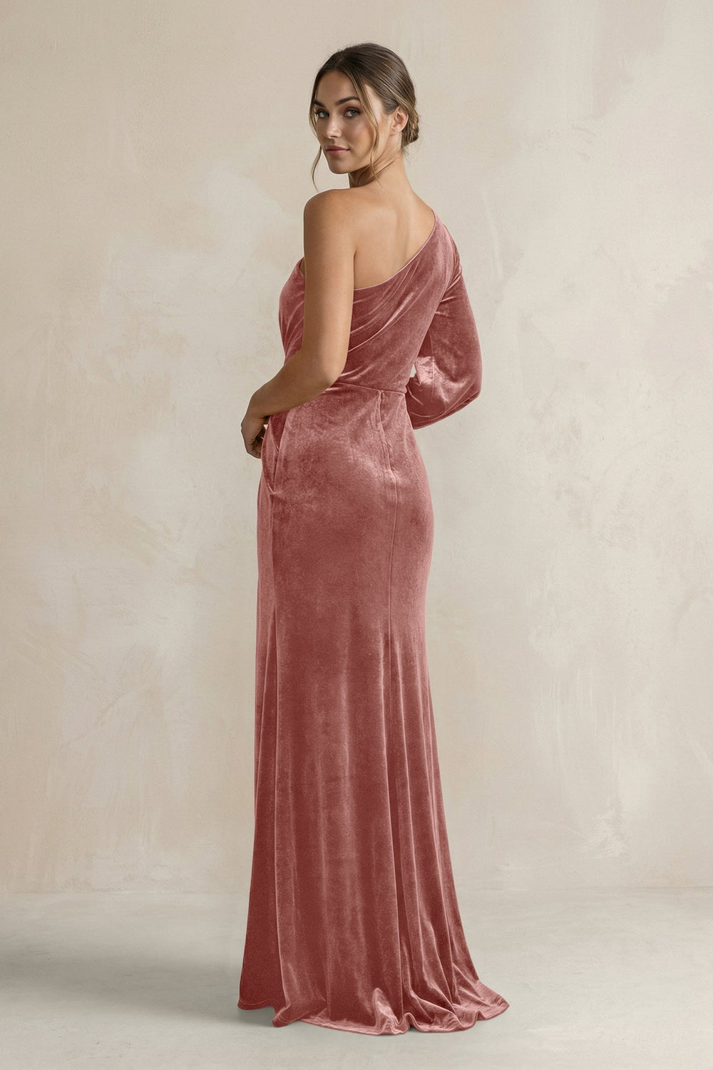 Velvet One Shoulder Sheath Long Sleeve Bridesmaid Dress in Dusty Rose - KISS BRIDAL Bridesmaid Dresses
