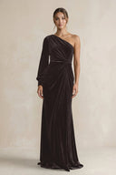 Velvet One Shoulder Sheath Long Sleeve Bridesmaid Dress in Espresso - KISS BRIDAL Bridesmaid Dresses